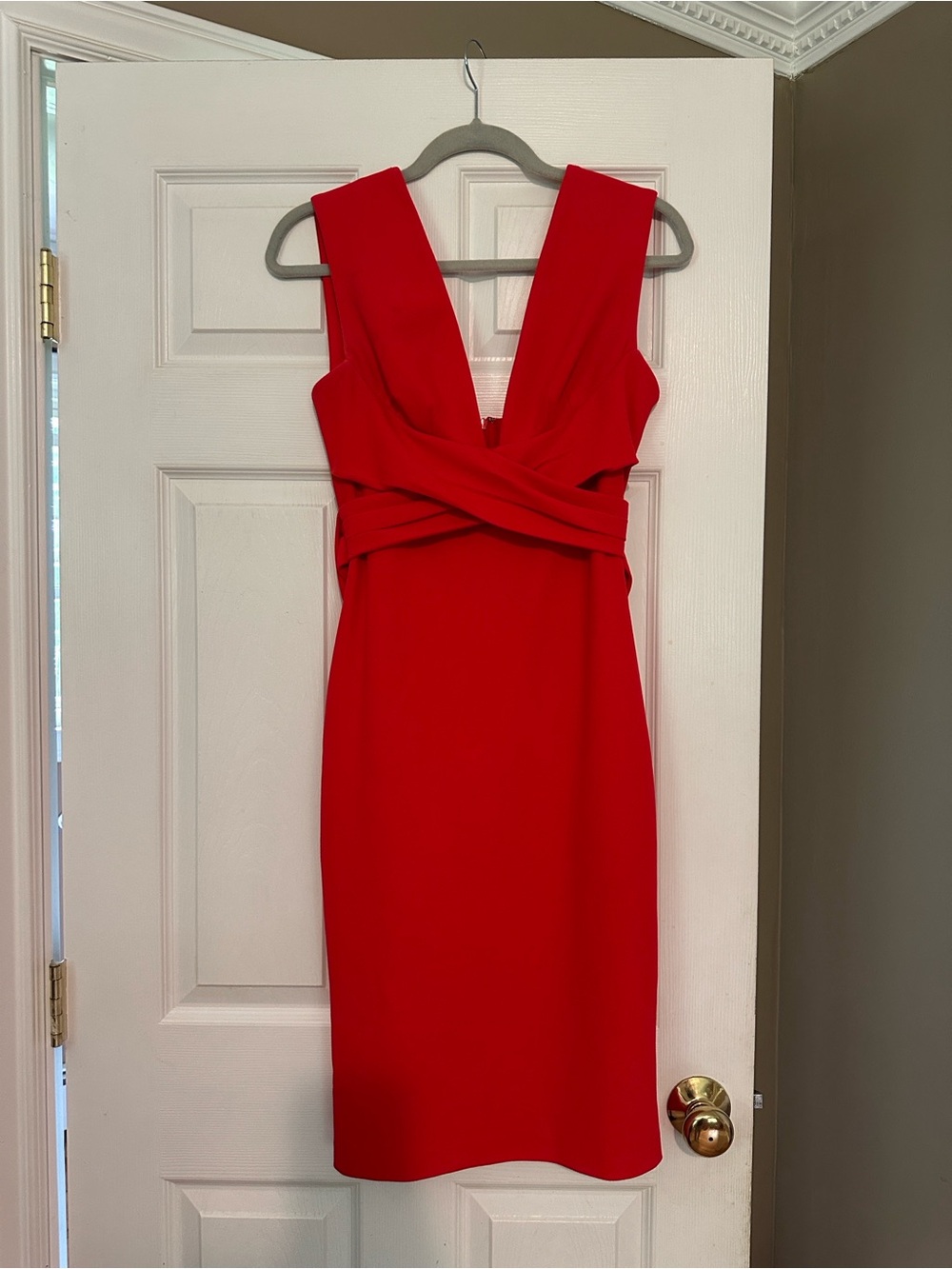 BHLDN Red V-Neck Midi Sheath Dress with Crossover Waist